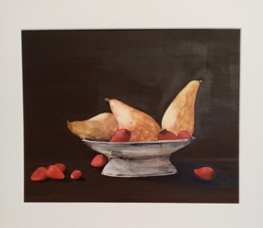 Dessin intitulée "Compotier aux poires" par Fred Haute, Œuvre d'art originale, Aquarelle