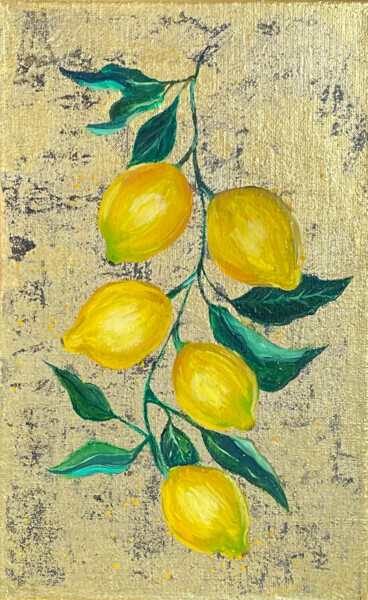 Painting titled "Yellow lemons on a…" by Katrin Ka, Original Artwork, Oil Mounted on Wood Stretcher frame