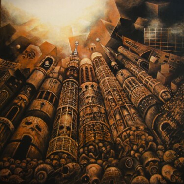 Schilderij getiteld "Makropolis II" door Ľubomír Sinčák, Origineel Kunstwerk, Acryl Gemonteerd op Frame voor houten brancard
