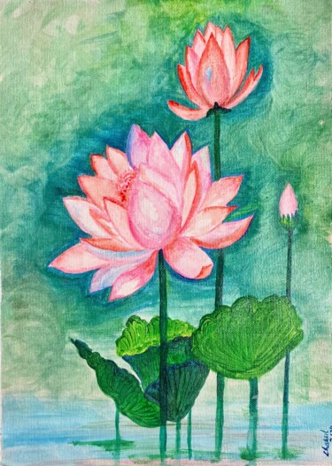 Pink Lotus Trilogy Peinture intitulée "Pink Lotus Trilogy" par Charul Gandotra, Œuvre d'art originale, Acrylique