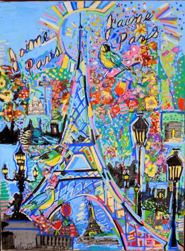 Painting titled "Paris je t'aime" by Daniele Jasselin, Original Artwork, Acrylic Mounted on Wood Stretcher frame