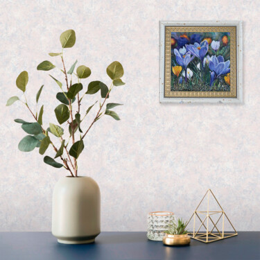 Crocuses in a framed 「Crocuses in a framed」というタイトルの絵画 Sergey Suslovによって, オリジナルのアートワーク, オイル 段ボールにマウント