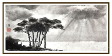 Painting titled "Marine aux pins" by Jean-Marc Moschetti (encre-zen), Original Artwork, Ink Mounted on Wood Stretcher frame