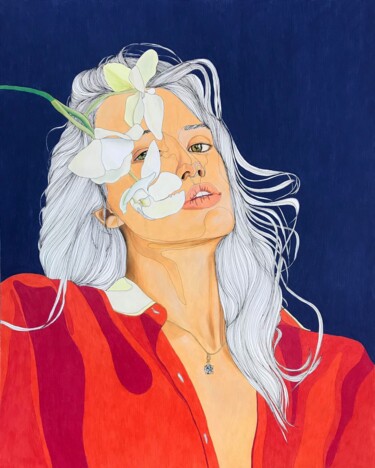 Portrait de femme à l'orchidée Dessin intitulée "Portrait de femme à…" par Sandrine Borgniet, Œuvre d'art originale, Crayon
