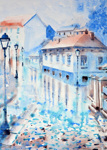Blue and wet Skadarlija Belgrade 25x36 cm 2024 Painting titled "Blue and wet Skadar…" by Nenad Kojić, Original Artwork, Watercolor