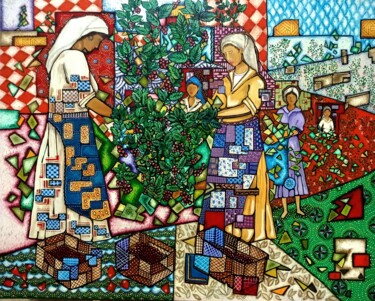 Painting titled "Colheita" by Robson Matias, Original Artwork, Oil Mounted on Wood Panel