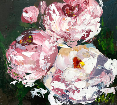Abstract flowers on dark background. Pink, white, red. 제목이 "Abstract flowers on…"인 미술작품 Tatiana Malinovscaia로, 원작, 아크릴