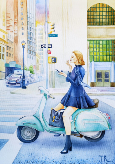 A Girl on a Moped Schilderij getiteld "A Girl on a Moped" door Tatiana Repesciuc, Origineel Kunstwerk, Aquarel