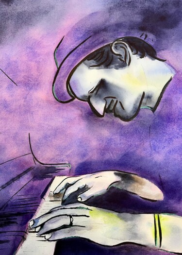"Jazz Purple" başlıklı Tablo Dominique Cointrel tarafından, Orijinal sanat, Suluboya Ahşap Sedye çerçevesi üzerine monte edi…