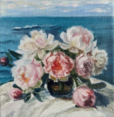 Painting titled "Море и пионы (2)" by Tat Ana Prohorova, Original Artwork, Oil Mounted on Other rigid panel