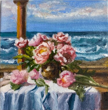 Painting titled "Море и пионы" by Tat Ana Prohorova, Original Artwork, Oil Mounted on Cardboard