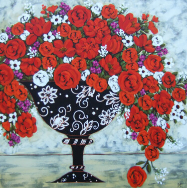 Red and White Blooms with Viennese Vase Malerei mit dem Titel "Red and White Bloom…" von Karen Rieger, Original-Kunstwerk, Acryl