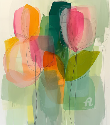 Digital Arts titled "Green Flowers Abstr…" by Kselma Randvald, Original Artwork, AI generated image