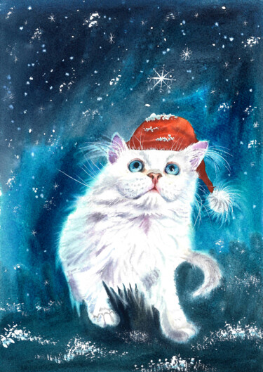 White kitten in the red hat 绘画 标题为“White kitten in the…” 由Yuliya Ozdemir, 原创艺术品, 水彩