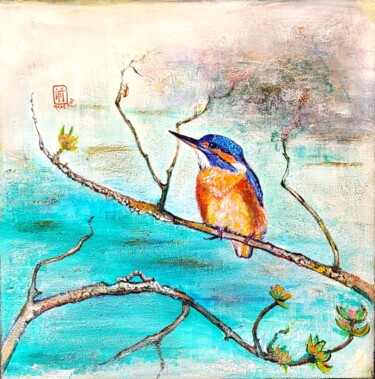 Martin-pêcheur, un matin Painting titled "Martin-pêcheur, un…" by Mahé Ros, Original Artwork, Acrylic Mounted on Wood Stretcher frame