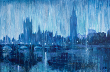 Rainy Blues in London 绘画 标题为“Rainy Blues in Lond…” 由Liudmila Pisliakova, 原创艺术品, 油 安装在木质担架架上