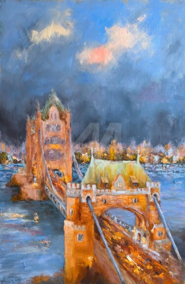"Evening Tower bridge" başlıklı Tablo Svetlana Grishkovec-Kiisky tarafından, Orijinal sanat, Petrol Ahşap Sedye çerçevesi üz…