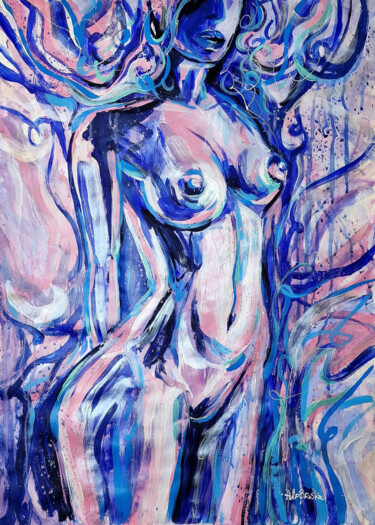绘画 标题为“NUDE IN BLUE 2” 由Alla Broska, 原创艺术品, 丙烯