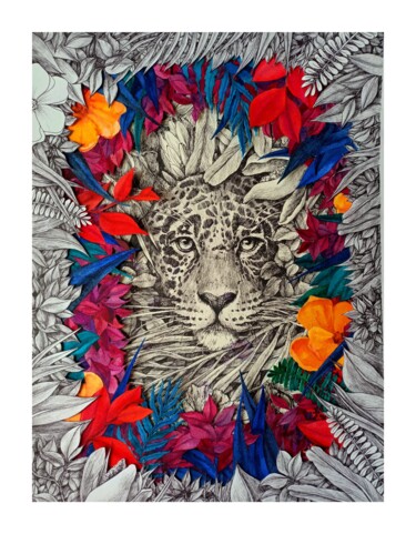 Painting titled "Ягуар в растениях" by Elizabeth Shamina, Original Artwork, Ink