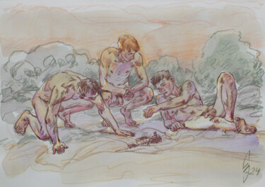 Disegno intitolato "Three guys on a san…" da Sergey Sovkov, Opera d'arte originale, Matite colorate