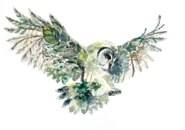 绘画 标题为“Green owl” 由Yulia Belasla, 原创艺术品, 水彩