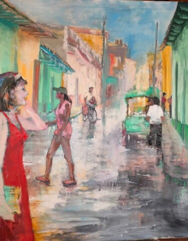 Peinture intitulée "La femme en rouge" par Marie Feougier, Œuvre d'art originale, Huile Monté sur Châssis en bois