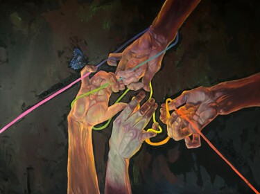 Painting titled "Kaihatsu gifts" by Elena Iustus, Original Artwork, Oil Mounted on Wood Stretcher frame