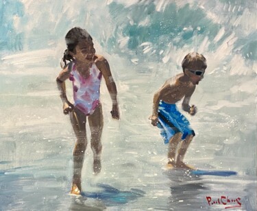 Картина под названием "Siblings Happy Beac…" - Paul Cheng, Подлинное произведение искусства, Масло Установлен на Деревянная…