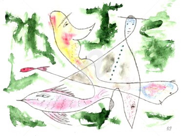 Рисунок под названием "Fish and Figures" - Erwin Bruegger, Подлинное произведение искусства, Акварель