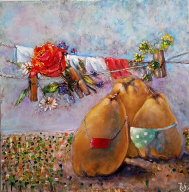 "Gossips" Contemporary landscape with quince, rose, wild flo Pittura intitolato ""Gossips" Contempor…" da Olga Vedyagina, Opera d'arte originale, Olio
