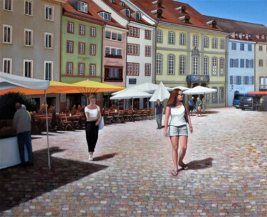 Peinture intitulée "FRIBOURG - Place de…" par Charles Unger, Œuvre d'art originale, Huile Monté sur Châssis en bois