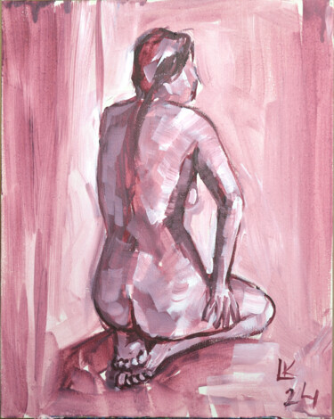 A girl with a bare back is sitting on her knees 绘画 标题为“A girl with a bare…” 由Lada Kholosho, 原创艺术品, 丙烯 安装在纸板上