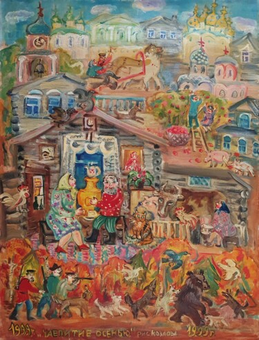 Drinking Tea in Autumn Pittura intitolato "Drinking Tea in Aut…" da Lidia Kozlova, Opera d'arte originale, Olio