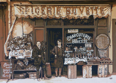 Painting titled "Epicerie buvette" by Marc Coutureau, Original Artwork, Acrylic Mounted on Wood Panel