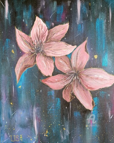 "Cosmic Harmony" Acrylic painting of flowers in cosmos