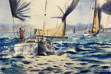 Painting titled "Les Voiles de Saint…" by Caroline Guizouarn, Original Artwork, Watercolor