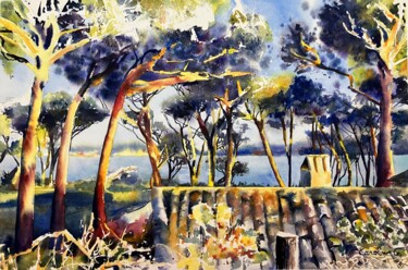 Paysage Provençal, entre terre et mer Schilderij getiteld "Paysage Provençal,…" door Caroline Guizouarn, Origineel Kunstwerk, Aquarel