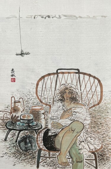 绘画 标题为“闲坐庭前听落花” 由Amanda Ye, 原创艺术品, 颜料