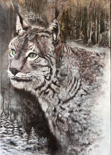 Le Lynx une rare présence Peinture intitulée "Le Lynx une rare pr…" par Christelle Cottrelle, Œuvre d'art originale, Acrylique Monté sur Châssis en bo…