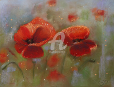 Drawing titled "Coquelicots dans le…" by Sylvie Blandin, Original Artwork, Pastel