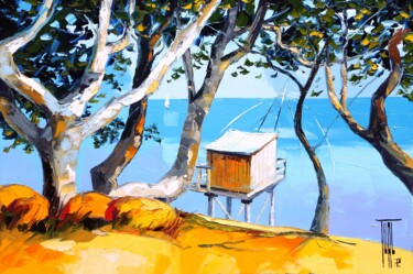 Malerei mit dem Titel "Pêcherie aux arbres" von Pierrick Tual, Original-Kunstwerk, Öl