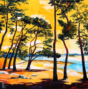 Painting titled "Rivage aux pins" by Pierrick Tual, Original Artwork, Oil