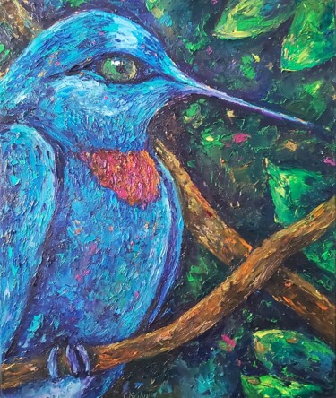 Bluebird on a tree Original art Oil on canvas Bird painting Peinture intitulée "Bluebird on a tree…" par Tatiana Krilova, Œuvre d'art originale, Huile