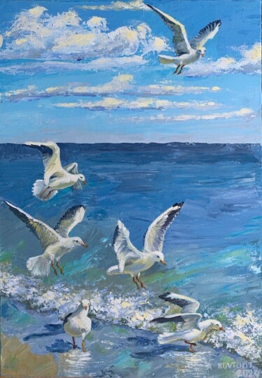 绘画 标题为“Jolly gulls” 由Tetiana Kovtun, 原创艺术品, 丙烯 安装在木质担架架上
