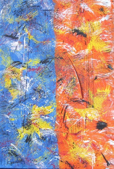 Abstraction en bleu et orange Peinture intitulée "Abstraction en bleu…" par Claude Gascon, Œuvre d'art originale, Acrylique Monté sur Châssis en bois