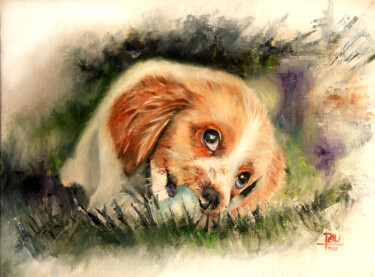 Peinture intitulée "Chiot jouant avec u…" par Pdu31, Œuvre d'art originale, Huile