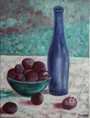 Schilderij getiteld "nature morte aux pr…" door Kozar, Origineel Kunstwerk, Olie Gemonteerd op Frame voor houten brancard