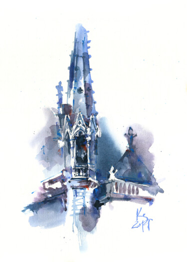 "The Gothic Tower of Notre Dame Cathedral" watercoloursketch 绘画 标题为“"The Gothic Tower o…” 由Ksenia Selianko, 原创艺术品, 水彩
