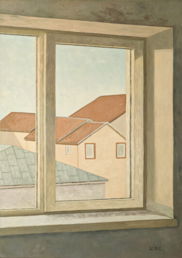 Rooftops through the Window Painting titled "Rooftops through th…" by Livia Doina Stanciu, Original Artwork, Oil Mounted on Wood Stretcher frame