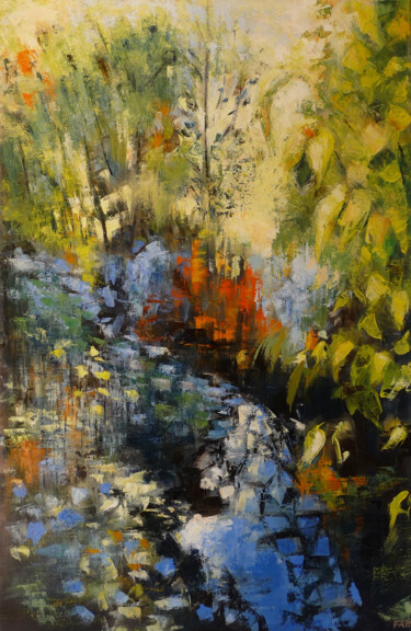 Painting titled "Cours d'eau" by Fabrice Bettrancourt, Original Artwork, Oil